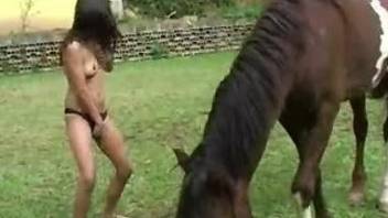The hottest natural zoophile drinks horse sperm after hot sex