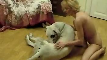 Big-breasted blonde with short hair screws a perverted dog