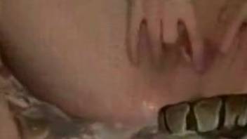Dark-haired woman allows a serpent to slide into her pussy