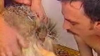 Experienced animal lover uses dildo on and tongues canine vagina