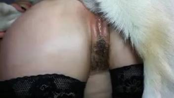 Concealed older woman in doggystyle position penetrated in her slick vagina and anus