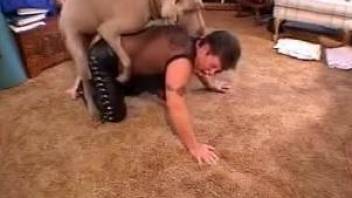 Leather pants mommy gets fucked by a beefy dog