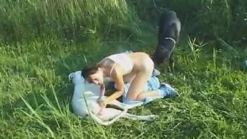 Skinny country girl dicked down by two dogs outdoors