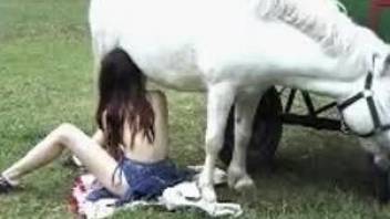 Smooth pussy redhead fucking a white pony outdoors