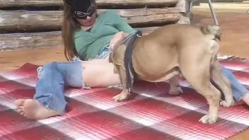 Skinny girl with a shaved twat fucking a beast