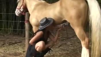 Attractive woman in a hat being pounded by a stallion