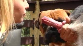 Blonde deepthroats a dog's dick in an outdoor scene