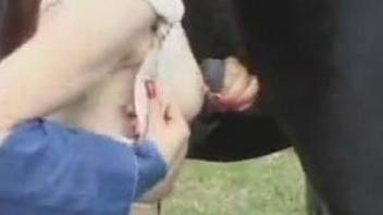 Masturbating beauty finds a perfect horse to fuck